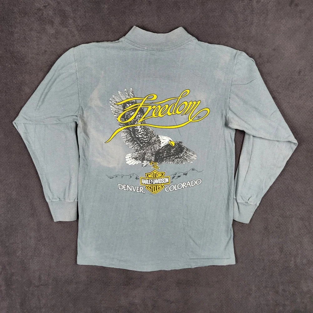 Harley Davidson Shirt Mens Medium Gray 1989 3D Emblem Freedom Eagle Long Sleeve - Picture 5 of 16